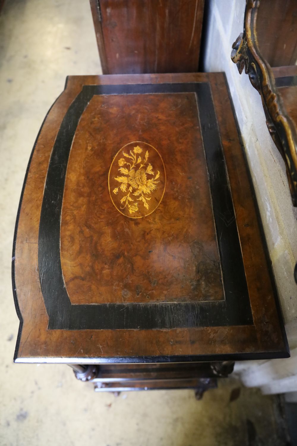 A late Victorian inlaid burr walnut Canterbury / whatnot, width 62cm, depth 40cm, height 90cm